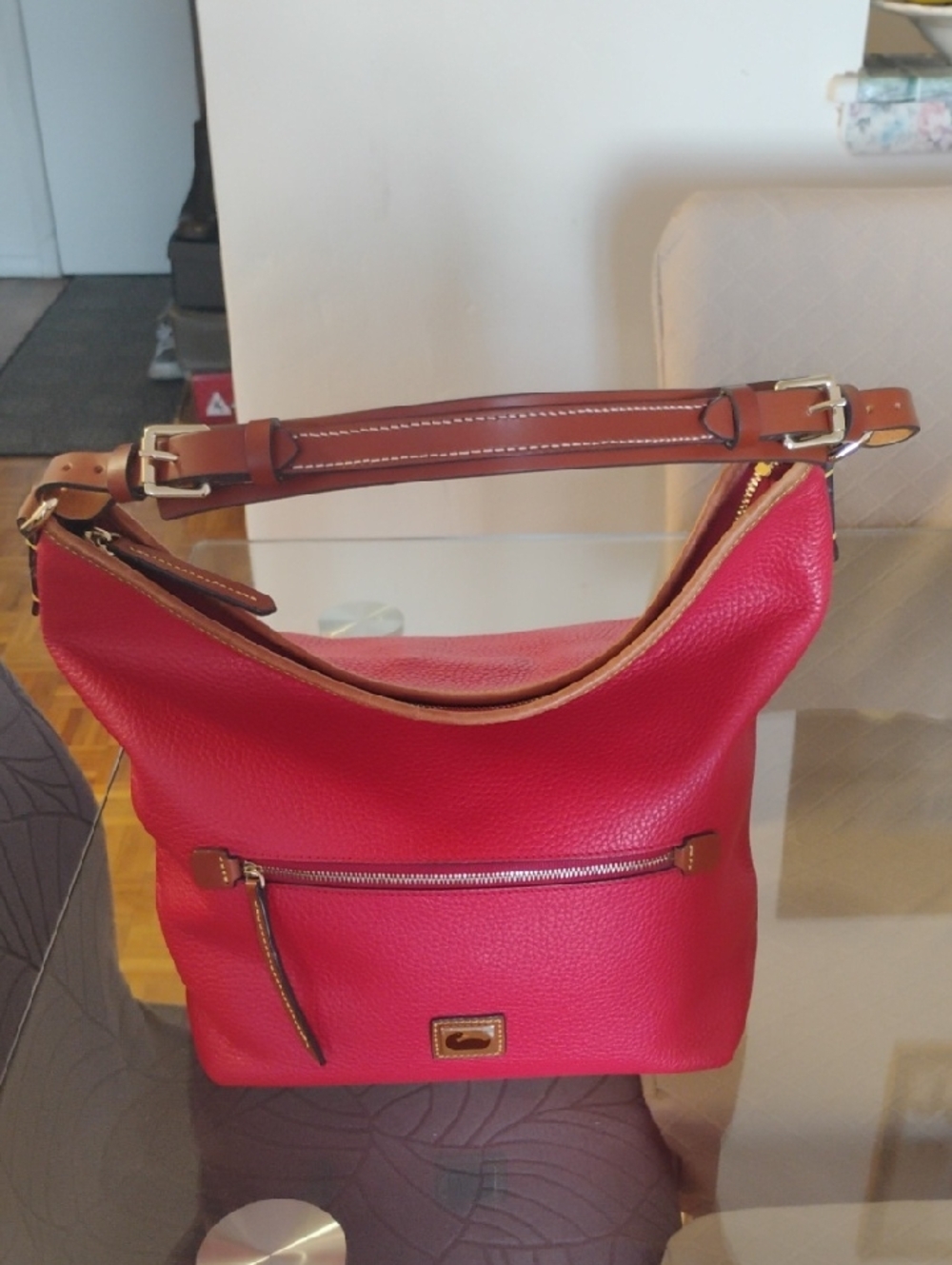 Dooney&burke Red Pebbled Leather Shoulder Bag with Gold Hardware